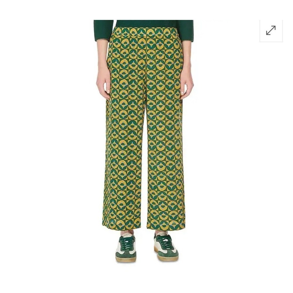 Weekend Max Mara Silk Wide‎ Leg Pants 6 Green Yellow Geometric